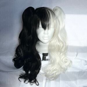 Black and White Split Curly Wig with Clip On Ponytails Cruella DeVille